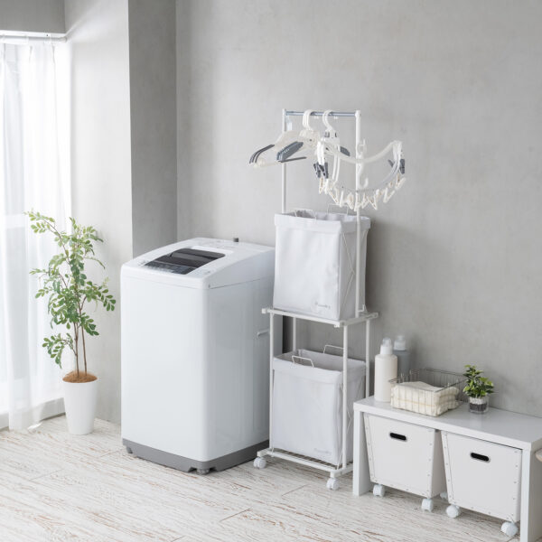 ハンガーラックが便利！容量約58Lのバスケット付きランドリーワゴンを発売